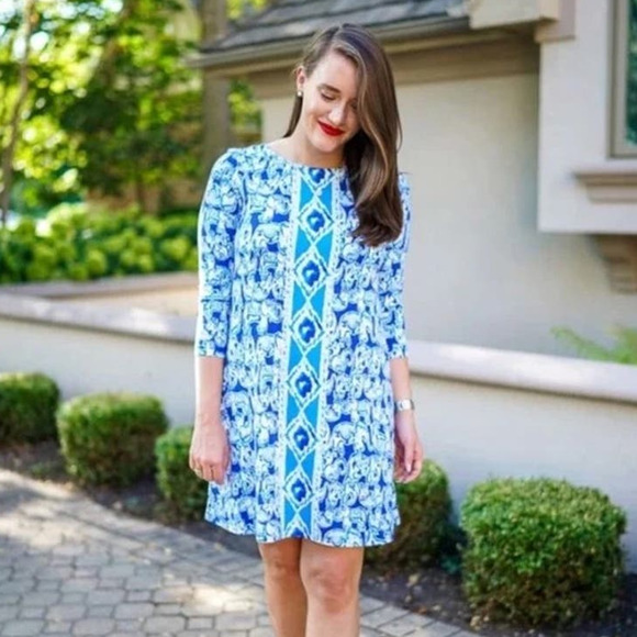 Lilly Pulitzer Ophelia Dress Bomber Blue Get Trunky Engeneered Print Size Medium - Picture 1 of 10